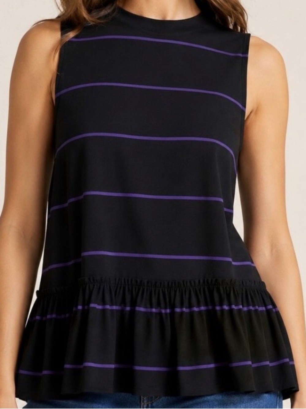 Anthropologie Sleeveless Black Peplum Top with Purple Stripes
